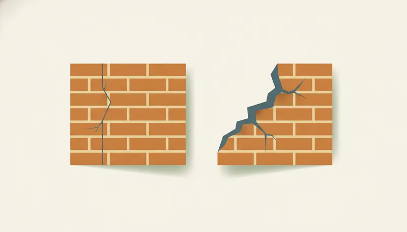 Illustratie die een onschuldige haarscheur in de muur vergelijkt met een brede, zorgelijke diagonale scheur.