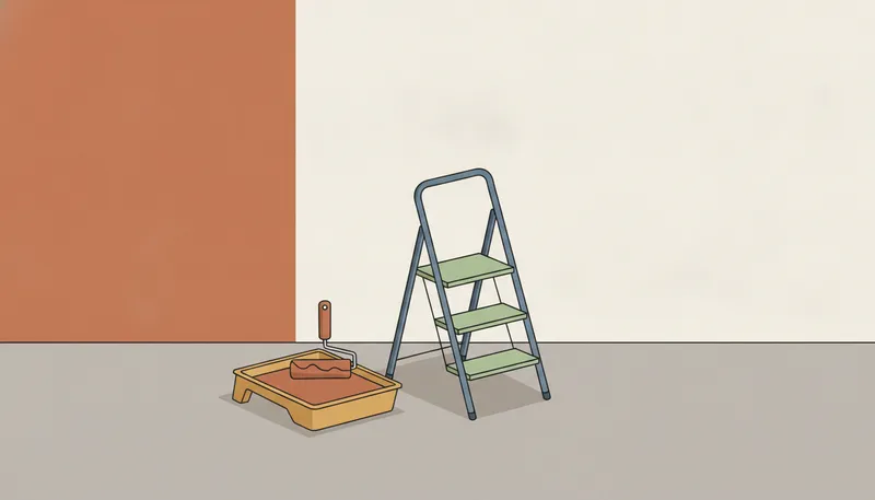 Illustratie van een half geschilderde muur met een verfroller, verfbak en trapje.
