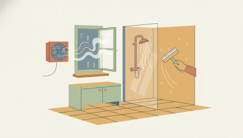 Illustratie van schimmel voorkomen in de badkamer: ventilatie, een open raam en een trekker die water van de douchewand haalt.