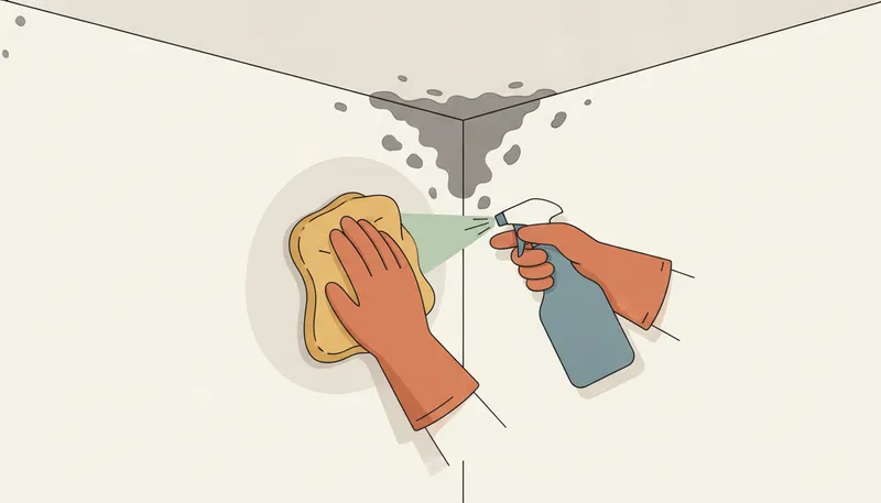 Illustratie van schimmel verwijderen: een gehandschoende hand maakt zwarte schimmel op een muurhoek schoon.
