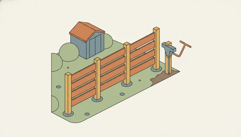 Illustratie van een schutting plaatsen op de erfgrens: houten schermen tussen palen in de grond.