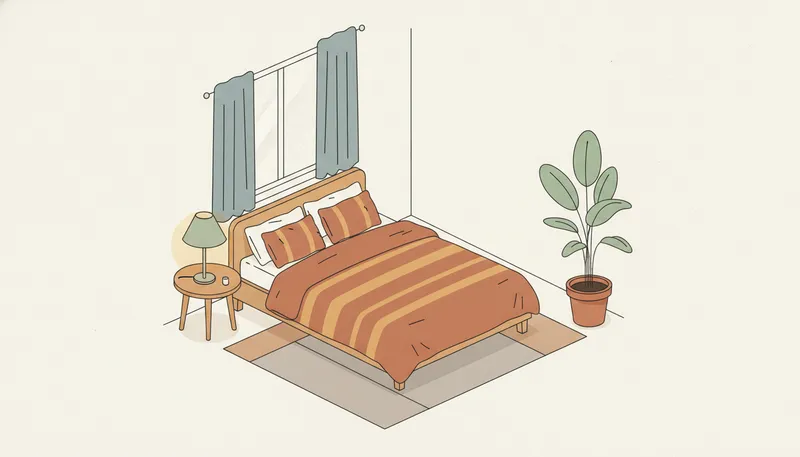 Illustratie van een rustgevend ingerichte slaapkamer met zacht beddengoed, een lamp en een plant.