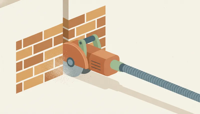 Illustratie van een freesmachine die een rechte sleuf in een muur freest, met een stofzuigslang.
