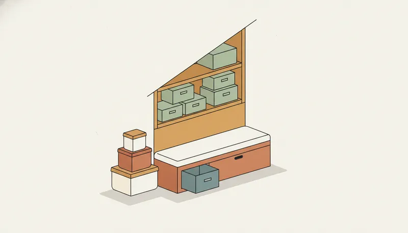 Illustratie van slimme opbergoplossingen: dozen, een kast onder de trap en een bank met opbergruimte.