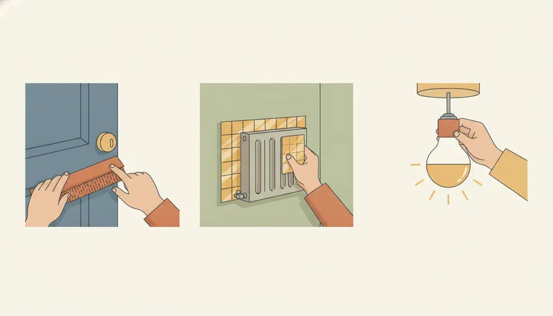 Illustratie van kleine energiebesparende ingrepen: tochtstrip, radiatorfolie en een LED-lamp.