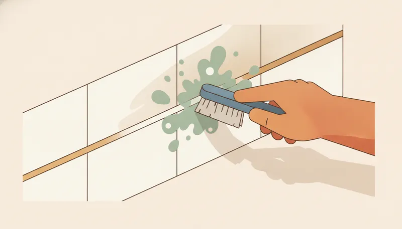 Illustratie van tegelvoegen schoonmaken: met een borsteltje de voegen tussen de tegels schrobben.