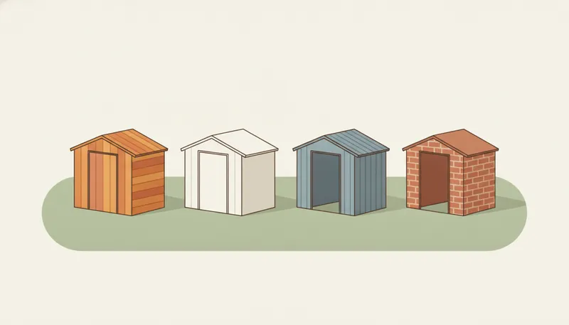 Illustratie die vier soorten tuinhuizen vergelijkt: hout, kunststof, metaal en steen.