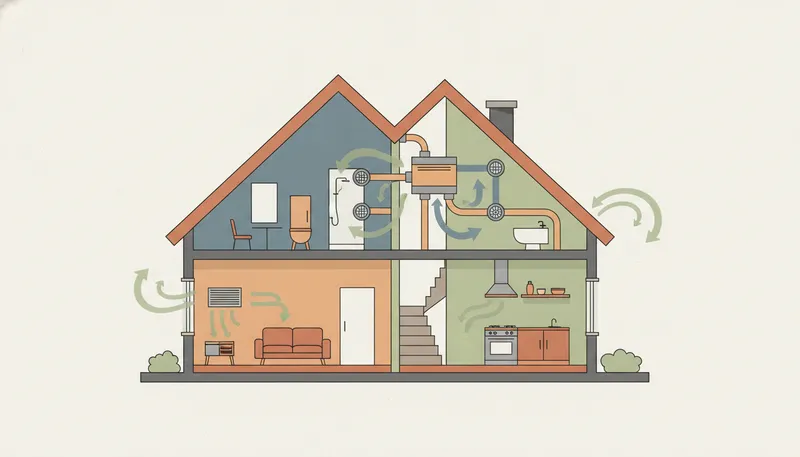 Illustratie in doorsnede van ventilatie in huis: verse lucht via roosters en een mechanische ventilatiebox die vochtige lucht afzuigt.