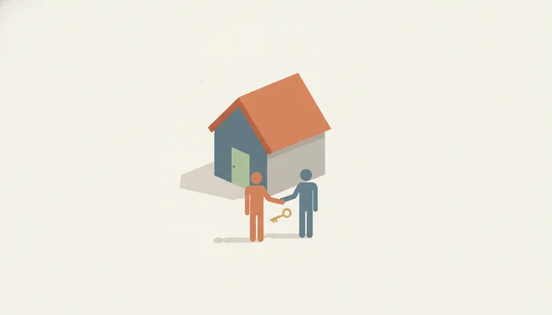 Illustratie van een huis met een handdruk ervoor, symbool voor de verkoop via een makelaar.