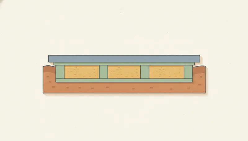Illustratie in doorsnede van vloerisolatie: isolatieplaten tegen de onderkant van de vloer in de kruipruimte.