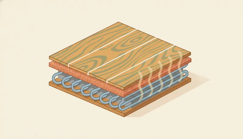 Illustratie in doorsnede van vloerverwarming onder een houten vloer.