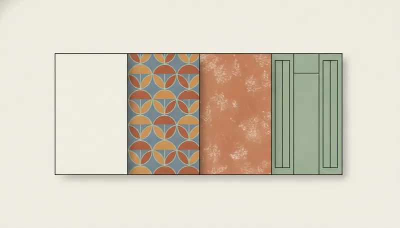 Illustratie met vier soorten wandafwerking: verf, behang, stucwerk en wandpanelen.