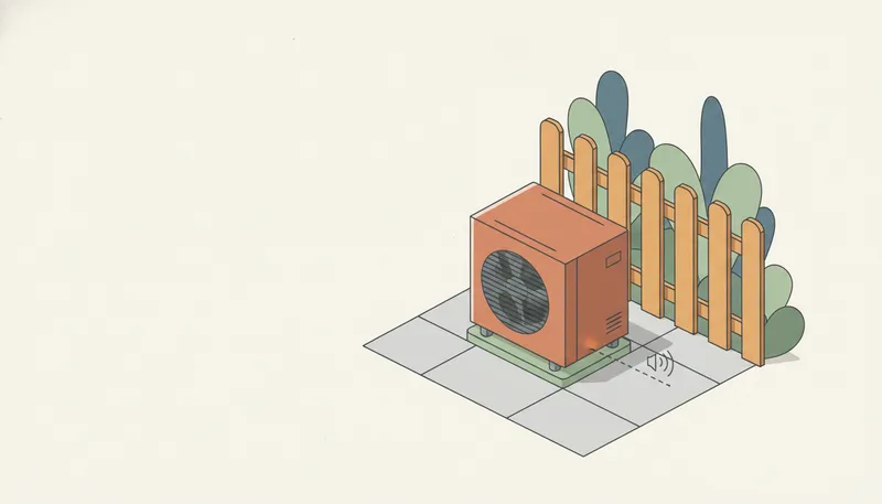 Illustratie van een buitenunit van een warmtepomp bij de erfgrens met een meetlijn en geluidsgolf-icoon.