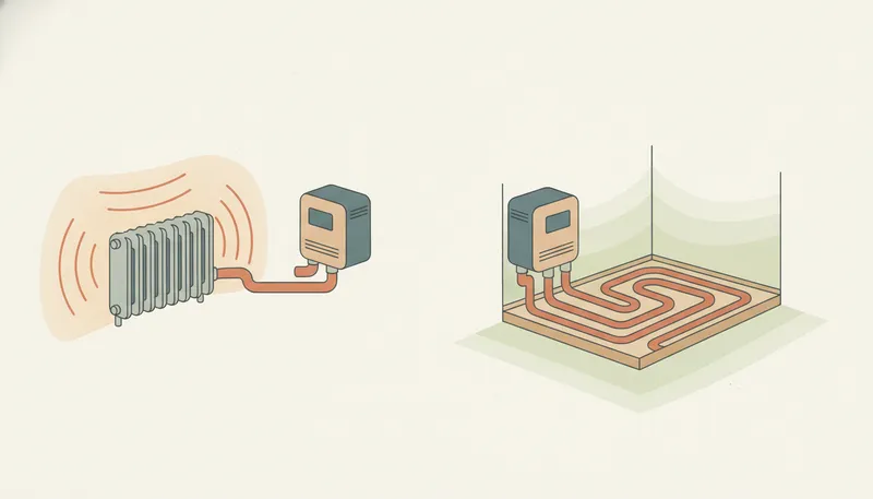 Illustratie die een warmtepomp op een radiator vergelijkt met een warmtepomp op vloerverwarming.