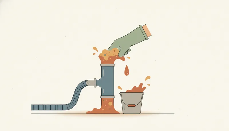 Illustratie van een verstopte wasmachine-afvoer met terugstromend water, die wordt schoongemaakt.