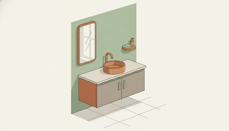 Illustratie van een wastafelmeubel met opzetkom en kraan in een badkamer.