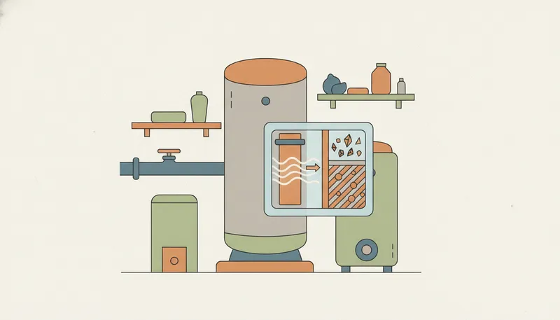 Illustratie van een waterontharder aangesloten op een leiding, met een uitgelicht detail van het filterproces.