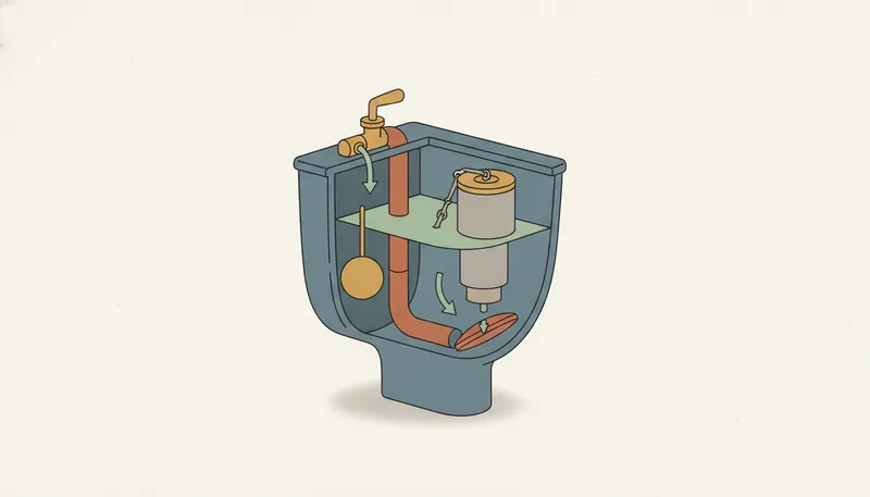 Illustratie in doorsnede van een stortbak met vlotter, vulkraan en klep — waarom een wc doorloopt.