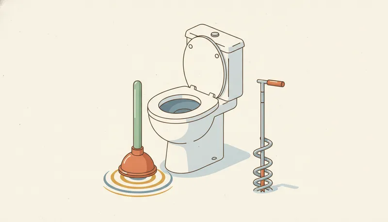 Illustratie van een wc ontstoppen met een ontstopper en een closetpomp.
