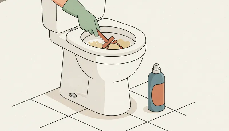 Illustratie van een wc schoonmaken: kalkaanslag in de pot wegschrobben met een borstel.