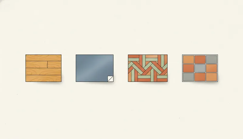 Illustratie met vier vloersoorten: laminaat, pvc, houten parket en tegels.