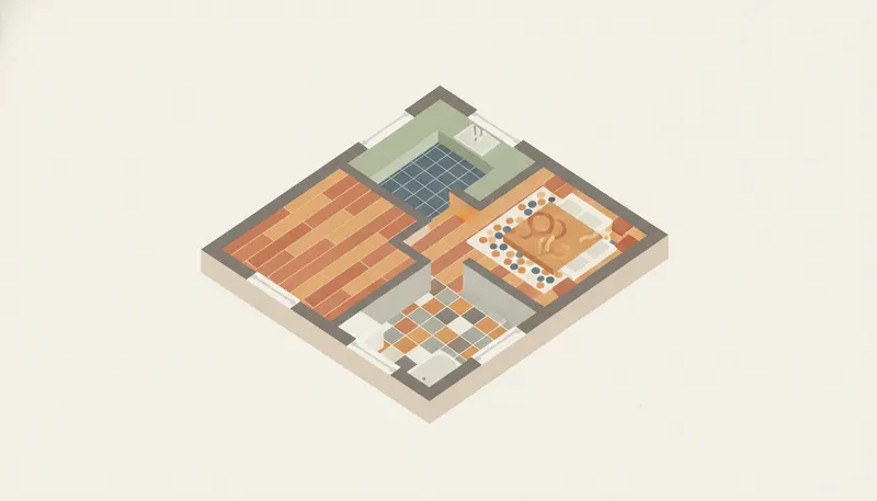 Plattegrond van een huis met per kamer een andere vloer: woonkamer, keuken, badkamer en slaapkamer.