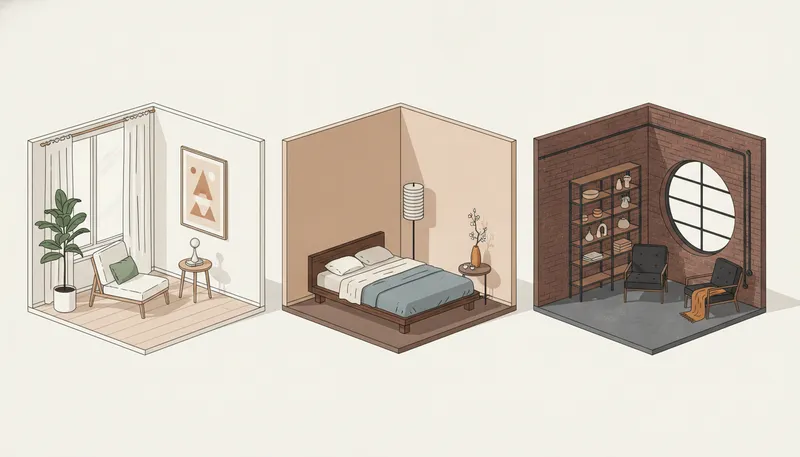Illustratie van drie woonstijlen naast elkaar: Scandinavisch, Japandi en industrieel.
