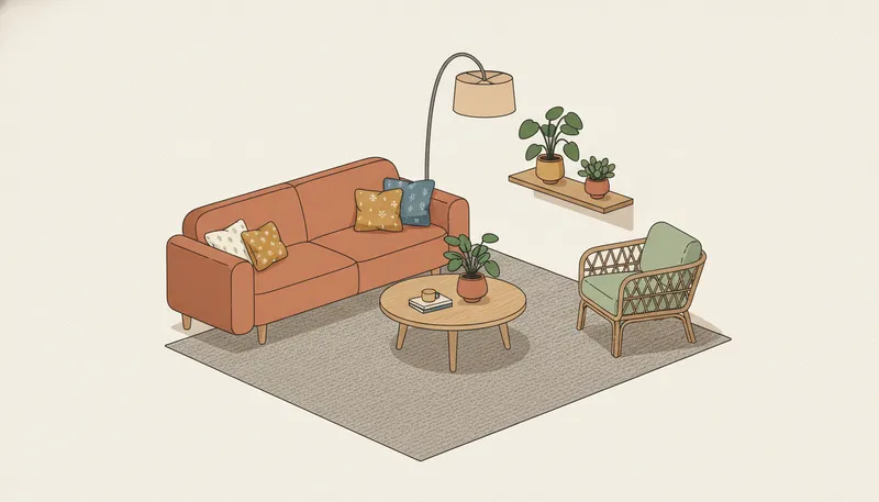 Illustratie van een woonkamer met ronde vormen, aardetinten en natuurlijke materialen als rotan en linnen.