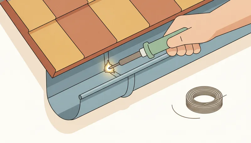 Illustratie van een zinken dakgoot waarvan een soldeernaad wordt gerepareerd.