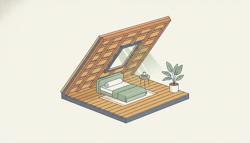 Illustratie in doorsnede van een zolder die tot kamer wordt verbouwd, met isolatie, vloer en daglicht.