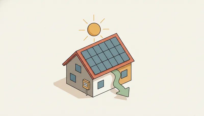 Illustratie van een huis met zonnepanelen op het dak en een pijl naar de meterkast.