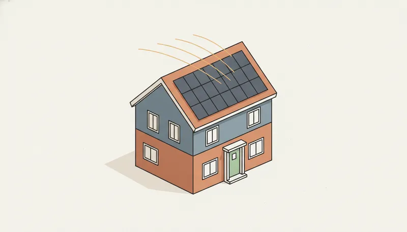 Illustratie van een huis met zonnepanelen op het schuine dak in de zon.